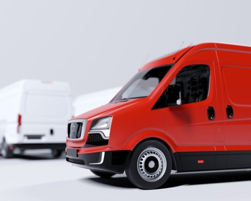 Red commercial van and fleet of white trucks. Transport. Transport and shipping